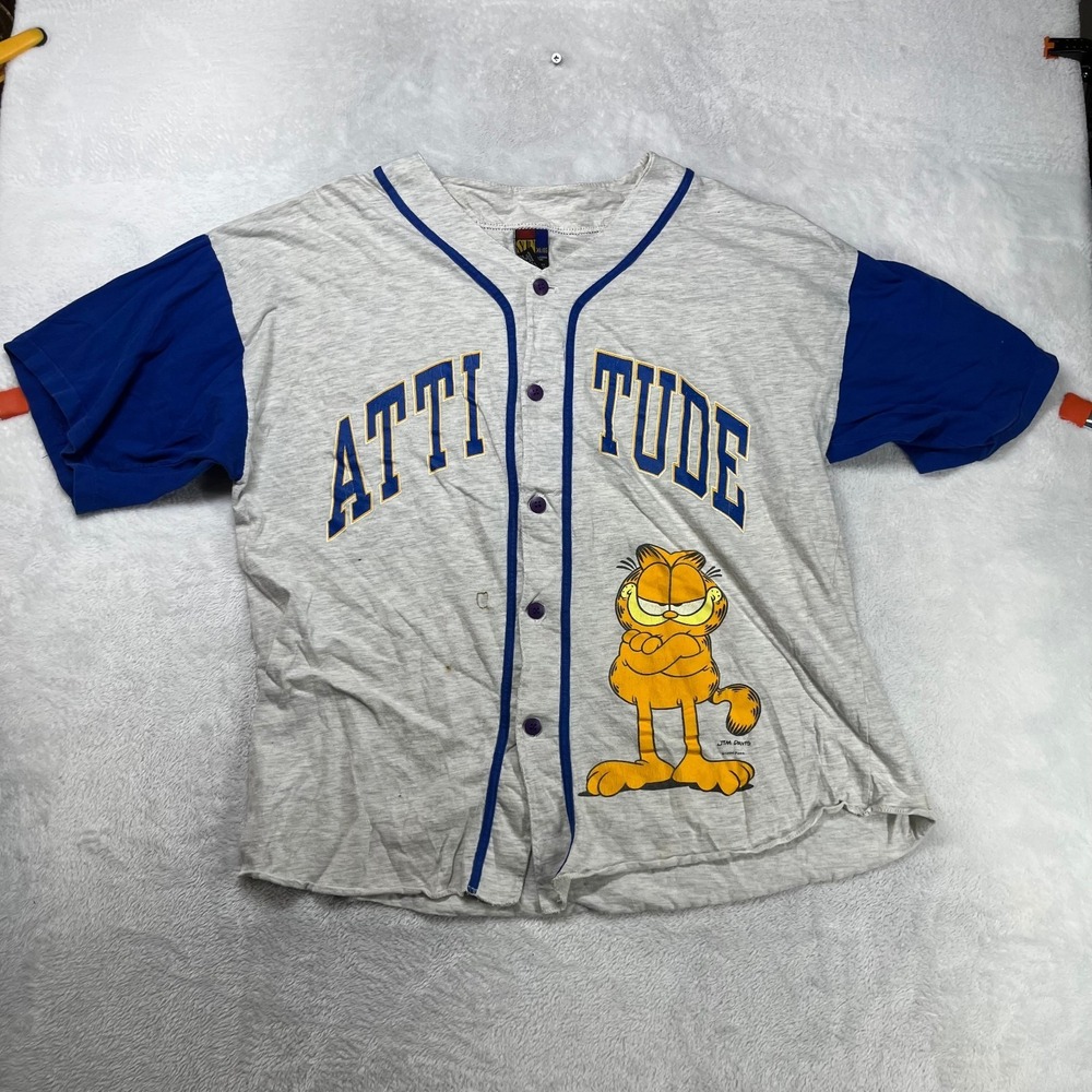 Vintage 90s Sun Garfield Attitude Baseball Jersey Men's Gray Blue Sports - XL